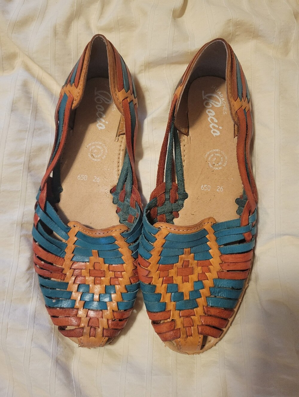 Multicolor Woven Leather Huarache Flats From Mexico -size 9 (Mx 26)